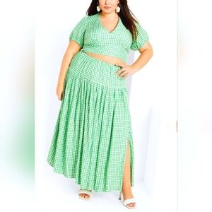City Chic Plus Size 14 1X Set Green Gingham Plaid Crop Top Maxi Skirt Outfit